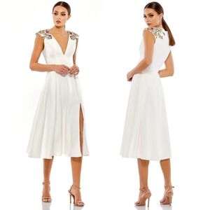 Mac Duggal White Embellished Midi Dress